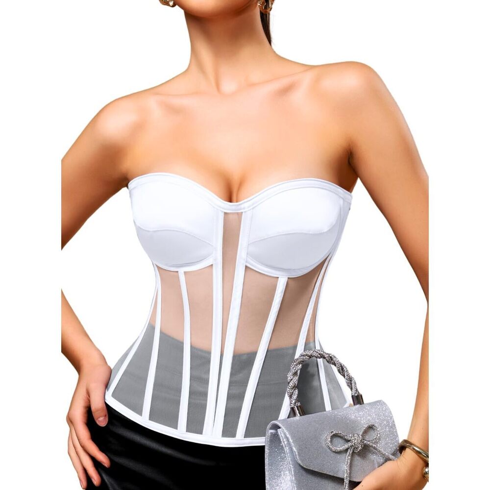 7420 Sheer Mesh Corset Top,Overbust Satin Longline Strapless Bra,Backless